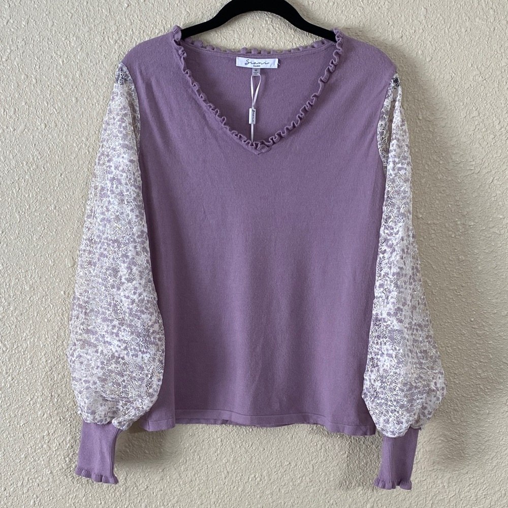 NWT Sioni Milano Floral Lace V-neck Sweater Long Sleeve Lavender Size M